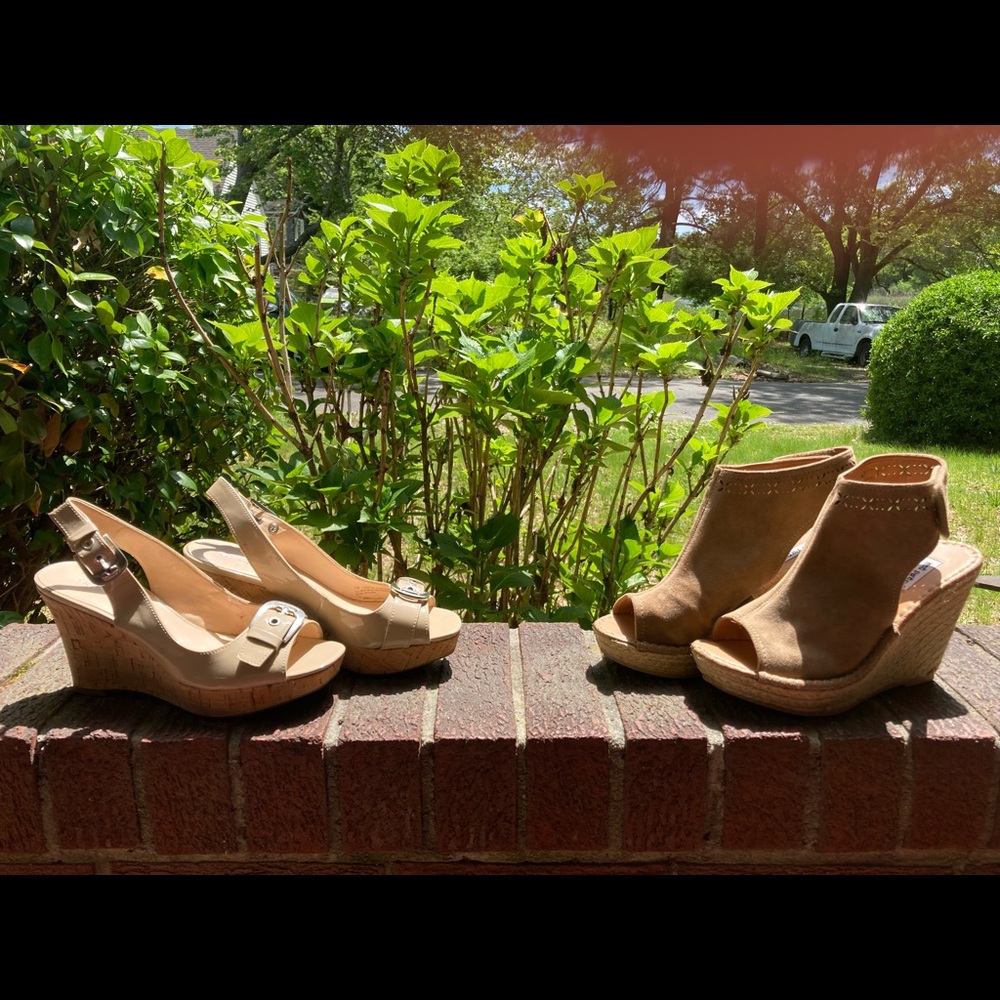 Two pairs tan wedges, 1 suede and 1 Patton